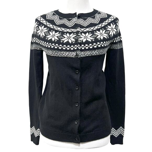 Talbots Sweaters - Talbots Snowflake Fair Isle Cardigan Cotton Blend Black & White Women's XS